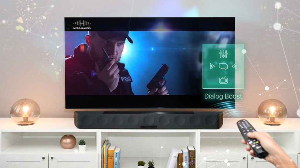 A TV and a Cinebar with MPEG-H Audio demonstrating the possiblities of Dialog Boost.